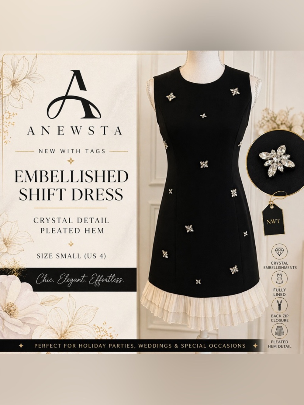 NWT ANEWSTA Black Embellished Dress Crystal Detail Pleated Hem Small Cocktail